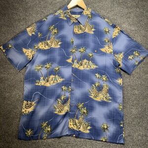 Island Shores Hawaiian Camp Shirt Men Large Blue Pineapple Tropical Island Beach